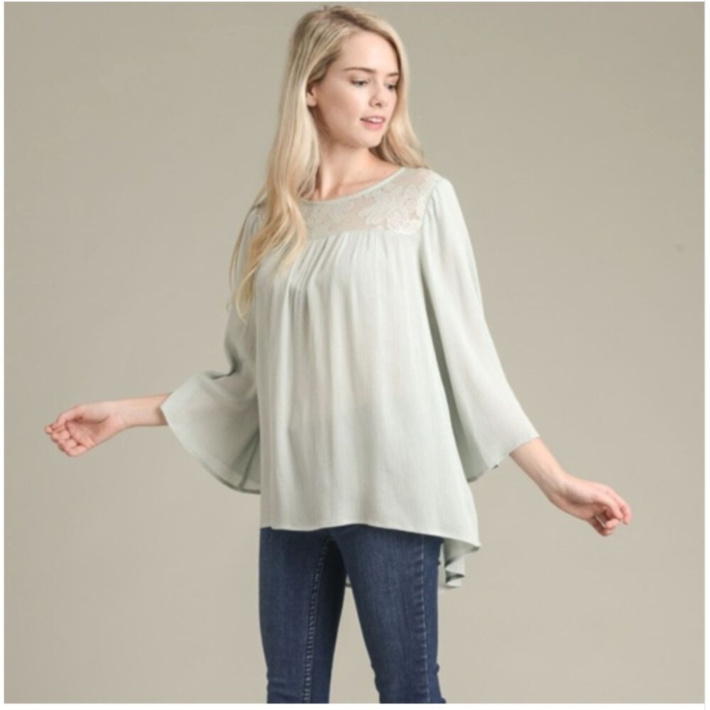 Anthropologie DOE & RAE Sage Boho Embroidered Lace Top Bell Sleeve Small NWT